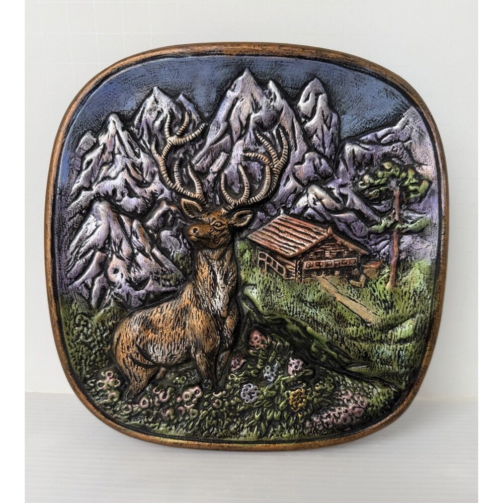 VTG Ceramic Stag Deer Cabin Mountain 3D Relief Wall Plaque MCM Lodge Decor 7”